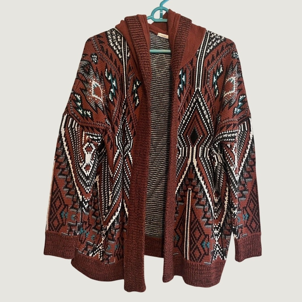 Ecote Cardigan Sweater Womens Medium Brown Hooded Open Front Aztec Knit Boho